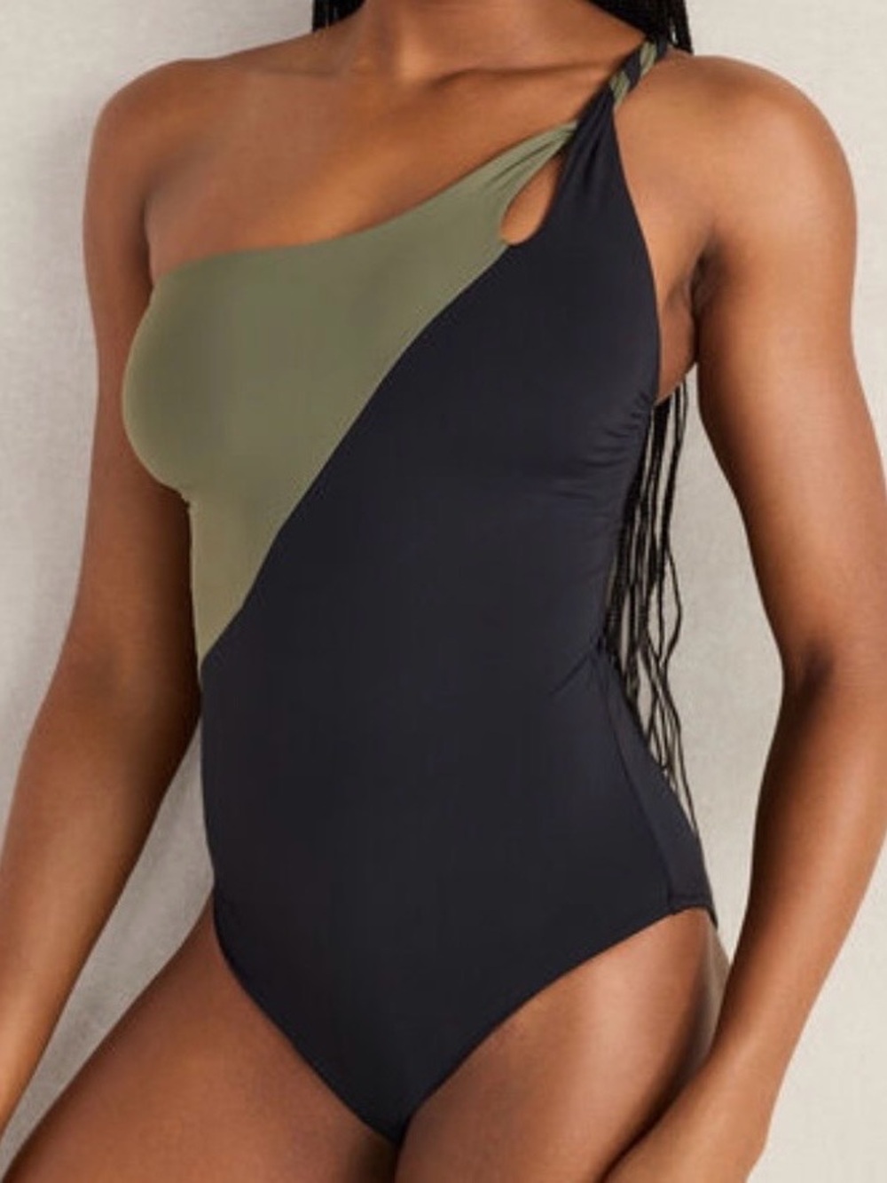 Haven Well Within Asymmetric One-Shoulder Black and Olive One-Piece Swimsuit